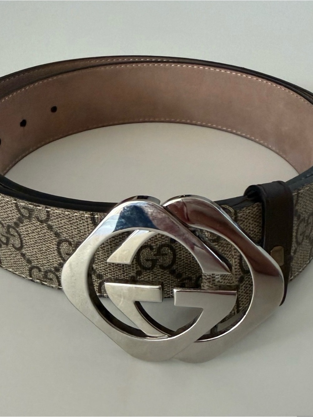 Gucci Beige Brown Monogram Belt with Silver Double G Buckle